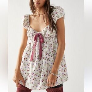 New Free People Sz XLg Gaia Floral Party Cord Tunic Mini Dress, Ivory, Large